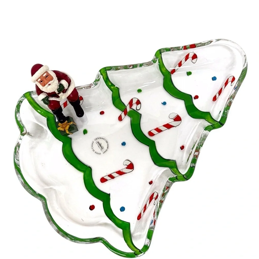 Gorham Tree Candy Dish 8” with sitting Santa Red & Green Christmas EUC